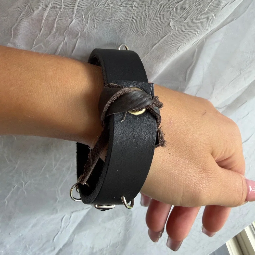 Black Leather Studded Cuff Bracelet Silver Pyramid Studs Hoop Rings Punk Goth